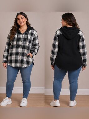 (0029) Women’s/Juniors: XL 15/17 No Boundaries Plaid Flannel Hooded Shirt- T4